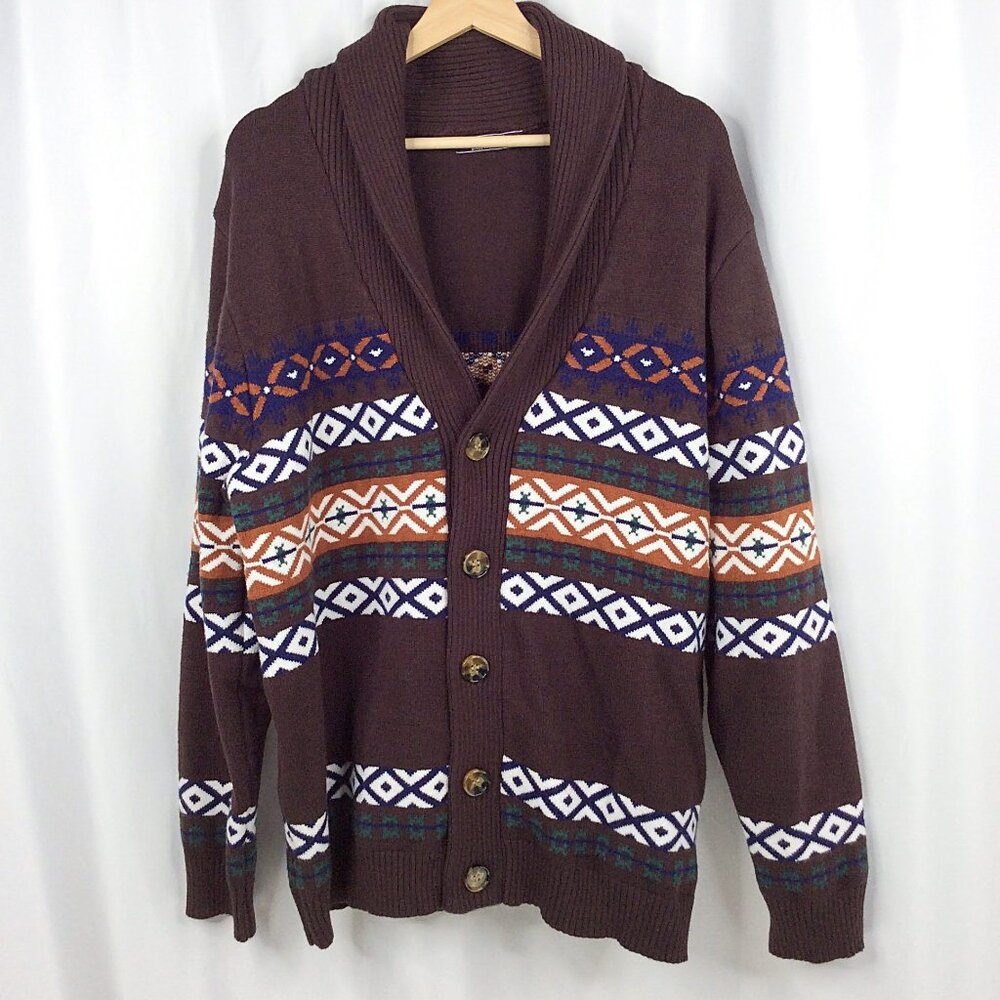 PJ Paul Jones Cardigan Sweater Men's XL Brown Button Down Shawl Collar Aztec